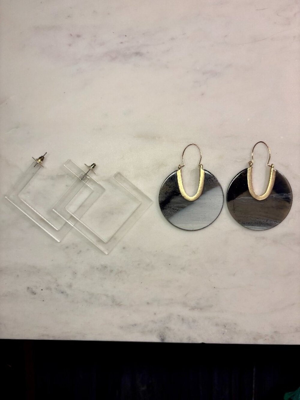 Earring Bundle Set: Clear Acrylic Square Hoops & Marbled Horn Disc Hoops